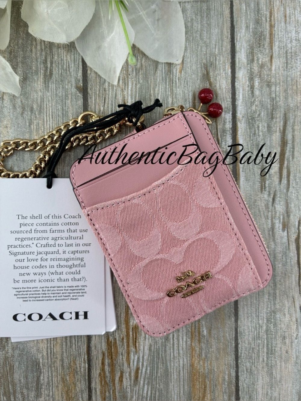 Coach Zip Card Case In Signature Pink Denim With Charm Wallet Purse